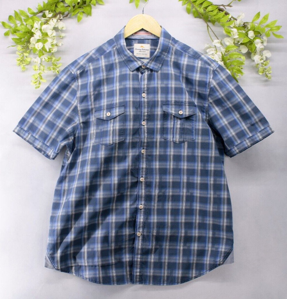 Tommy Bahama Sz L Blue Plaid Short Sleeve Button Down Shirt Utility Pockets